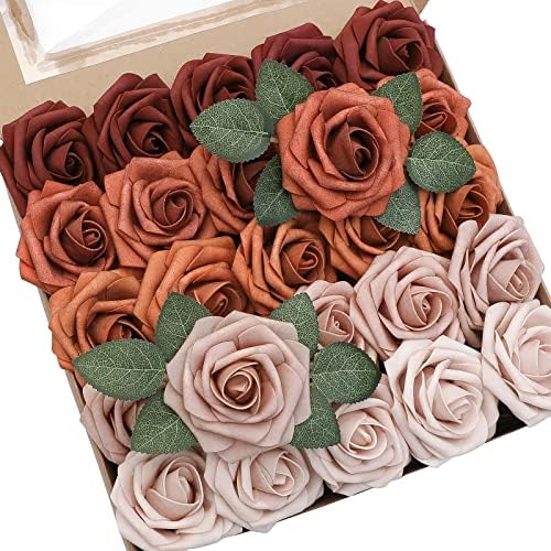 Artificial Flowers 25pcs Real Looking Terracotta Ombre Colors Foam Fake Roses with Stems for DIY Wedding