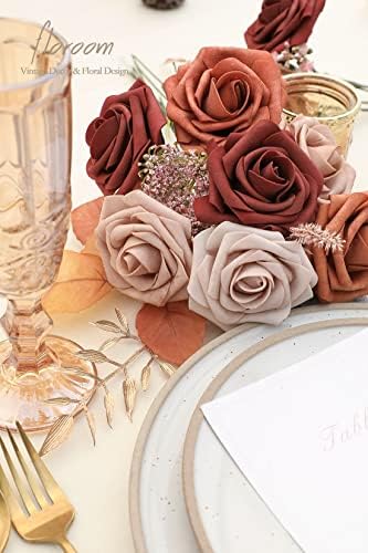 Artificial Flowers 25pcs Real Looking Terracotta Ombre Colors Foam Fake Roses with Stems for DIY Wedding, alternate view 3