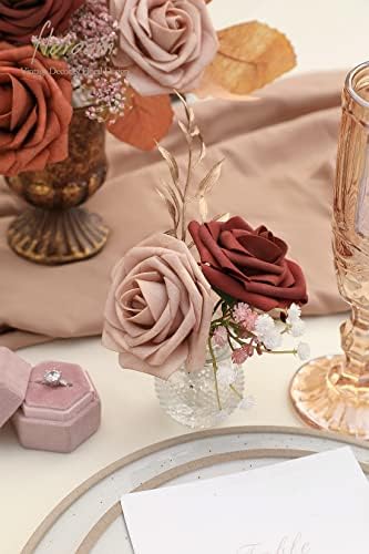 Artificial Flowers 25pcs Real Looking Terracotta Ombre Colors Foam Fake Roses with Stems for DIY Wedding, alternate view 4