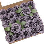 Artificial Flowers 25Pcs Sage Purple Roses Decor w/Stems