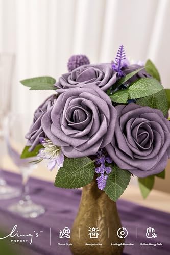 Artificial Flowers 25Pcs Sage Purple Roses Decor w/Stems, alternate view 3