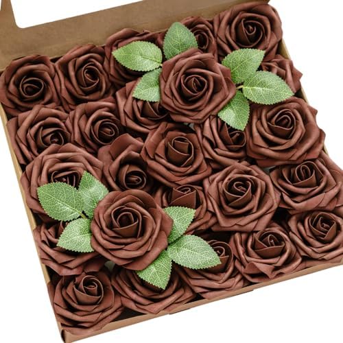 Artificial Flowers 25Pcs Walnut Brown Roses Decor w/Stems in Brn- Walnut Brown