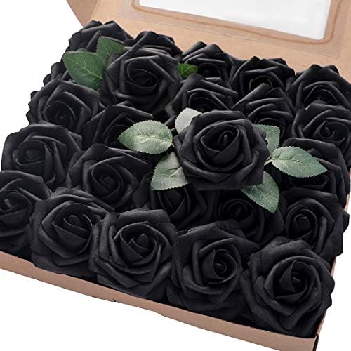 Artificial Flowers 50pcs Real Looking Black Foam Fake Roses with Stems for DIY Wedding Bouquets Centerpieces