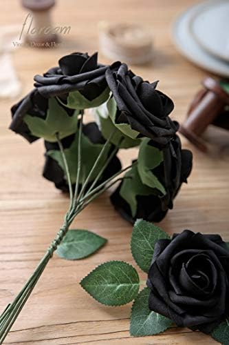Artificial Flowers 50pcs Real Looking Black Foam Fake Roses with Stems for DIY Wedding Bouquets Centerpieces, alternate view
