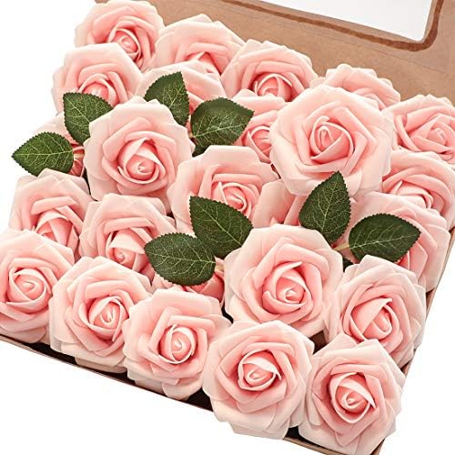 Artificial Flowers 50pcs Real Looking Blush Heirloom Foam Fake Roses with Stems for DIY Wedding Bouquets Pink