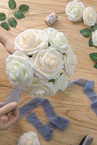 Artificial Flowers 50pcs Real Looking Champagne Foam Fake Roses with Stems for DIY Wedding Bouquets Bridal, alternate view 2