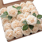 Artificial Flowers 50pcs Real Looking Cream Foam Fake Roses with Stems for DIY Wedding Bouquets Bridal Shower