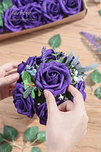 Artificial Flowers 50pcs Real Looking Dark Purple Foam Fake Roses with Stems for DIY Wedding Bouquets Bridal, alternate view
