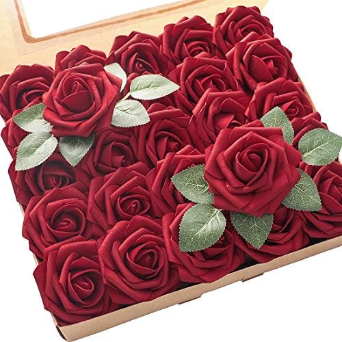 Artificial Flowers 50pcs Real Looking Dark Red Foam Fake Roses with Stems for DIY Wedding Bouquets Bridal Shower
