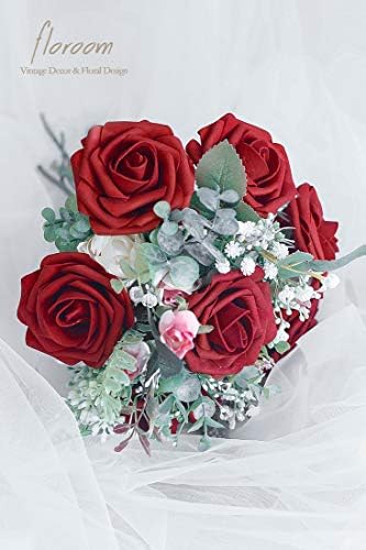 Artificial Flowers 50pcs Real Looking Dark Red Foam Fake Roses with Stems for DIY Wedding Bouquets Bridal Shower, alternate