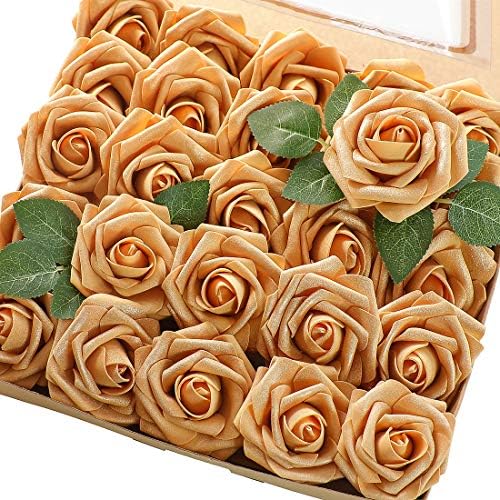 Artificial Flowers 50pcs Real Looking Gold Foam Fake Roses with Stems for DIY Wedding Bouquets Bridal Shower