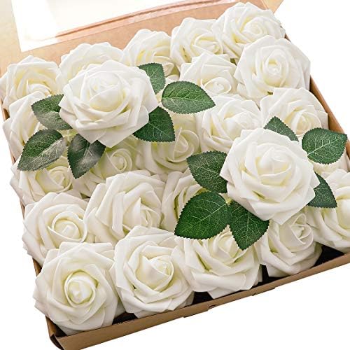 Artificial Flowers 50pcs Real Looking Ivory Foam Fake Roses with Stems for DIY Wedding Bouquets White Baby