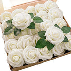 Artificial Flowers 50pcs Real Looking Ivory Foam Fake Roses with Stems for DIY Wedding Bouquets White Baby