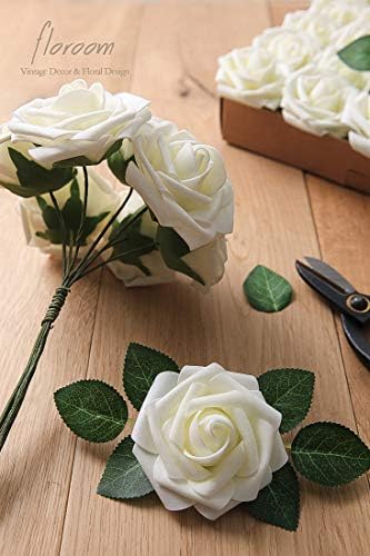 Artificial Flowers 50pcs Real Looking Ivory Foam Fake Roses with Stems for DIY Wedding Bouquets White Baby, alternate view 6