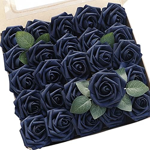 Artificial Flowers 50pcs Real Looking Navy Blue Foam Fake Roses with Stems for DIY Wedding Bouquets Bridal