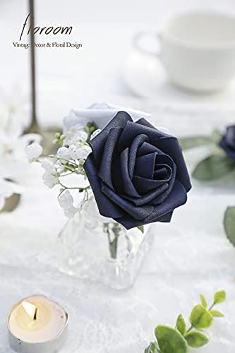 Artificial Flowers 50pcs Real Looking Navy Blue Foam Fake Roses with Stems for DIY Wedding Bouquets Bridal, alternate view 5