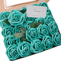 Artificial Flowers 50pcs Real Looking Teal Green Foam Fake Roses with Stems for DIY Wedding Bouquets Bridal