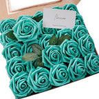 Artificial Flowers 50pcs Real Looking Teal Green Foam Fake Roses with Stems for DIY Wedding Bouquets Bridal