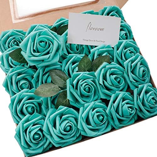 Artificial Flowers 50pcs Real Looking Teal Green Foam Fake Roses with Stems for DIY Wedding Bouquets Bridal