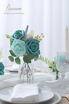 Artificial Flowers 50pcs Real Looking Teal Green Foam Fake Roses with Stems for DIY Wedding Bouquets Bridal, alternate view 2