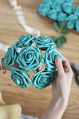 Artificial Flowers 50pcs Real Looking Teal Green Foam Fake Roses with Stems for DIY Wedding Bouquets Bridal, alternate view 3