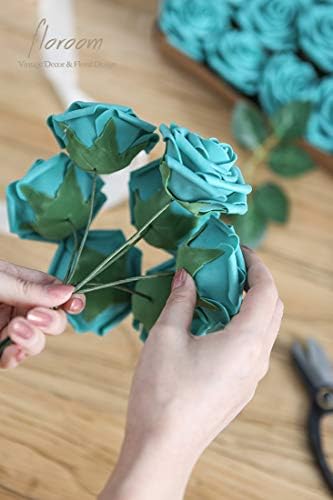 Artificial Flowers 50pcs Real Looking Teal Green Foam Fake Roses with Stems for DIY Wedding Bouquets Bridal, alternate view 4