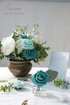 Artificial Flowers 50pcs Real Looking Teal Green Foam Fake Roses with Stems for DIY Wedding Bouquets Bridal, alternate view 5