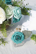 Artificial Flowers 50pcs Real Looking Teal Green Foam Fake Roses with Stems for DIY Wedding Bouquets Bridal, alternate view 6