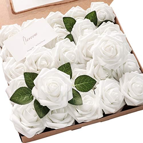 Artificial Flowers 50pcs Realistic White Foam Fake Roses with Stems for DIY Wedding Bouquets Baby Shower