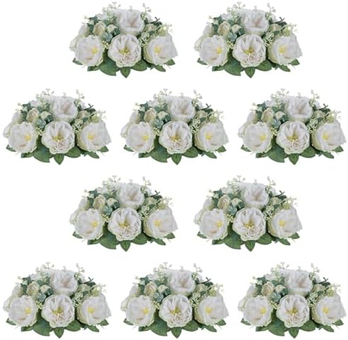 Artificial Flowers Ball Centerpiece: White Fake Kissing Rose, 10 Pcs in Pure White
