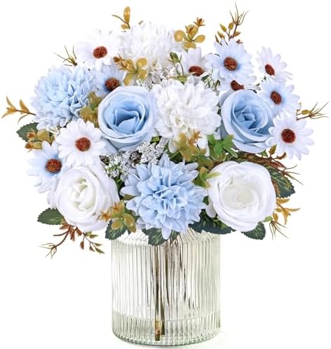 Artificial Flowers Blue Silk Flower Bouquet 2 Packs Silk Roses in Blue White