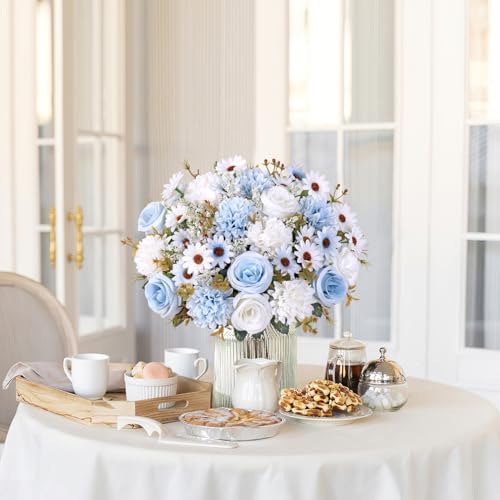 Artificial Flowers Blue Silk Flower Bouquet 2 Packs Silk Roses in Blue White, alternate view 2