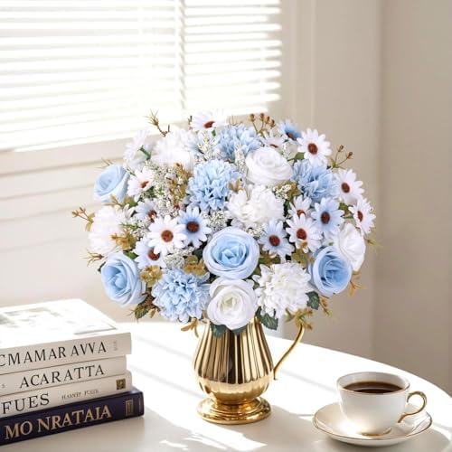 Artificial Flowers Blue Silk Flower Bouquet 2 Packs Silk Roses in Blue White, alternate view 4