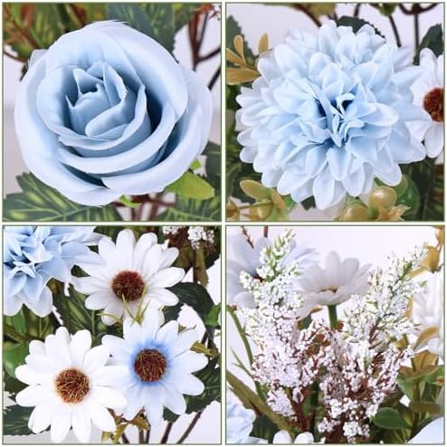 Artificial Flowers Blue Silk Flower Bouquet 2 Packs Silk Roses in Blue White, alternate view 5