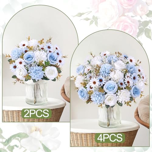 Artificial Flowers Blue Silk Flower Bouquet 2 Packs Silk Roses in Blue White, alternate view 6