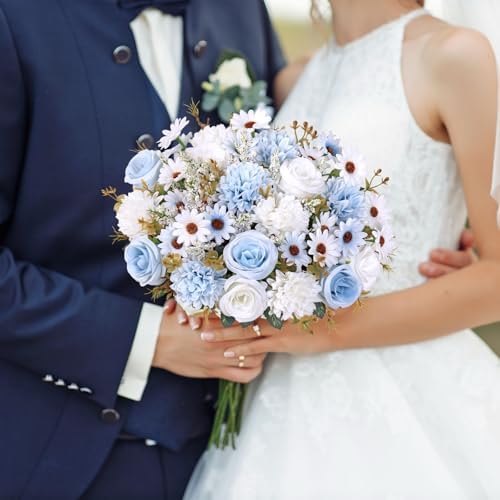Artificial Flowers Blue Silk Flower Bouquet 2 Packs Silk Roses in Blue White, alternate view 7