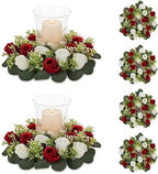Artificial Flowers Candle Rings - 6 Pcs 14 inch Diam Large Crimson & White Fake Roses Wreath Wedding