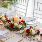Artificial Flowers Candle Rings - 6 Pcs 14 inch Diam Large Crimson & White Fake Roses Wreath Wedding, alternate view 2
