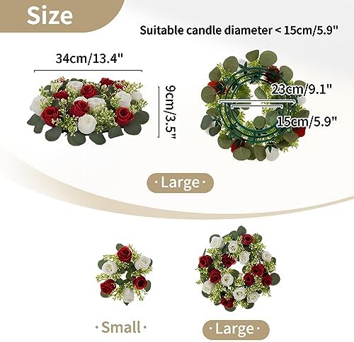 Artificial Flowers Candle Rings - 6 Pcs 14 inch Diam Large Crimson & White Fake Roses Wreath Wedding, alternate view 3