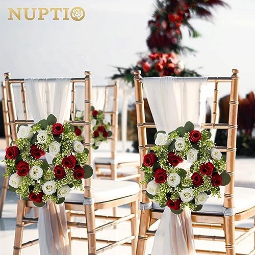 Artificial Flowers Candle Rings - 6 Pcs 14 inch Diam Large Crimson & White Fake Roses Wreath Wedding, alternate view 4