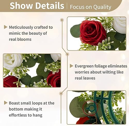 Artificial Flowers Candle Rings - 6 Pcs 14 inch Diam Large Crimson & White Fake Roses Wreath Wedding, alternate view 5