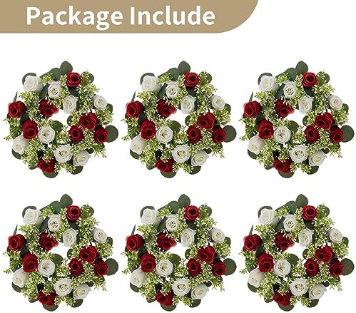 Artificial Flowers Candle Rings - 6 Pcs 14 inch Diam Large Crimson & White Fake Roses Wreath Wedding, alternate view 6