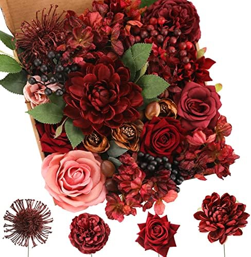 Artificial Flowers Combo Burgundy Flowers Mix Silk Flowers Dahlia Roses with Stems for DIY Wedding Bridal