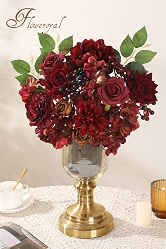 Artificial Flowers Combo Burgundy Flowers Mix Silk Flowers Dahlia Roses with Stems for DIY Wedding Bridal, alternate view 5