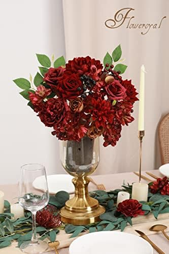 Artificial Flowers Combo Burgundy Flowers Mix Silk Flowers Dahlia Roses with Stems for DIY Wedding Bridal, alternate view 6