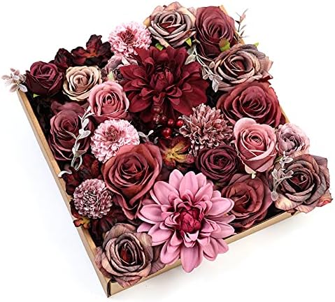 Artificial Flowers Combo Dahlia 25pcs Silk Fake Flowers Roses for DIY Wedding Bouquets Burgundy Centerpieces