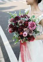 Artificial Flowers Combo Dahlia 25pcs Silk Fake Flowers Roses for DIY Wedding Bouquets Burgundy Centerpieces, alternate view