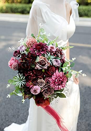 Artificial Flowers Combo Dahlia 25pcs Silk Fake Flowers Roses for DIY Wedding Bouquets Burgundy Centerpieces, alternate view