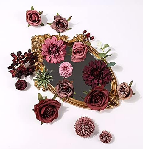 Artificial Flowers Combo Dahlia 25pcs Silk Fake Flowers Roses for DIY Wedding Bouquets Burgundy Centerpieces, alternate view