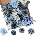 Artificial Flowers Combo Dusty Blue Flowers Mix Silk Flowers Dahlia Roses with Stems for DIY Wedding Bridal